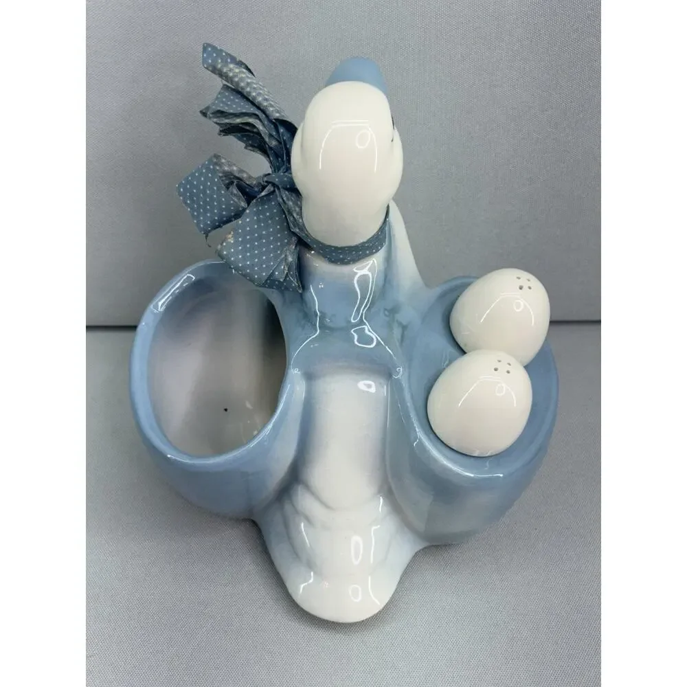 Vintage Ceramic Duck Napkin Holder Egg Salt Pepper Shakers Blue White READ